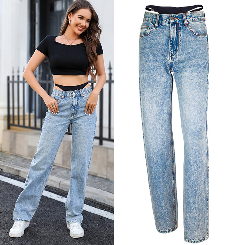 Streetwear Outfit Brand - Nep tweedelige stiksels rechte jeans dames